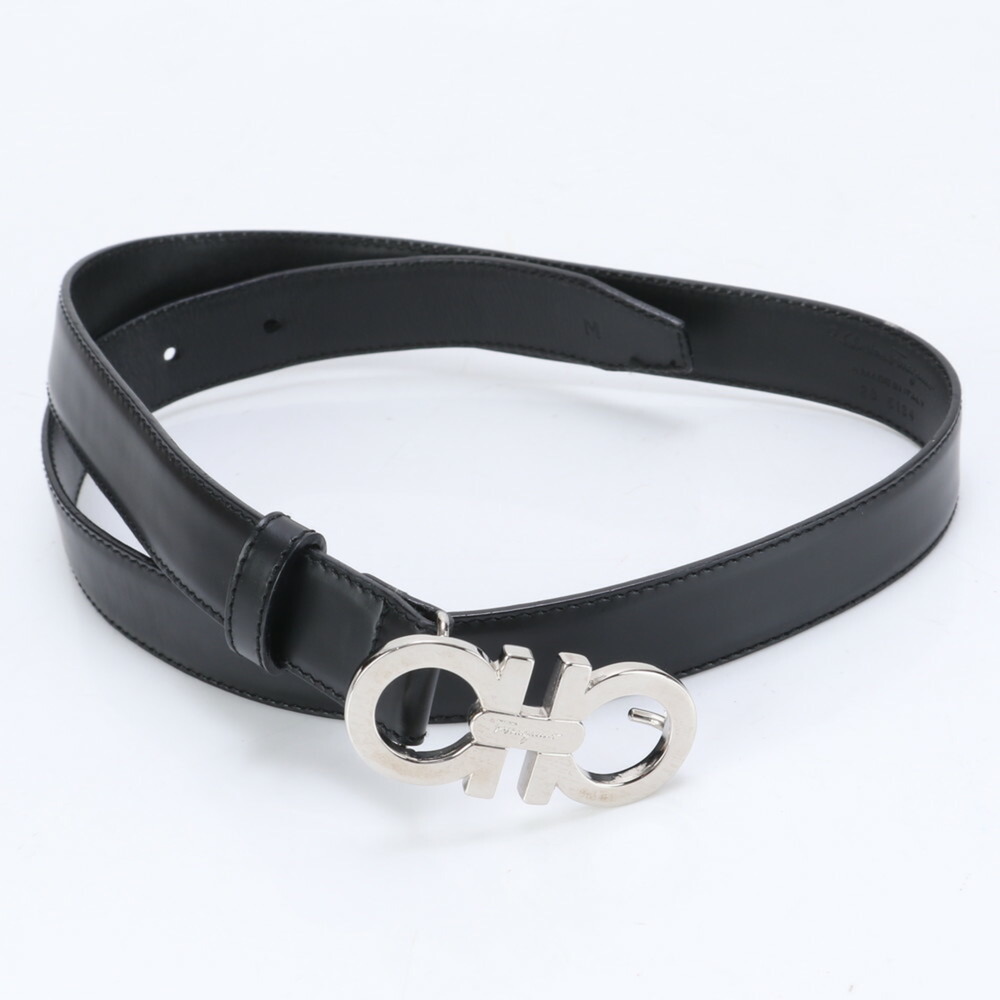 Salvatore Ferragamo Double Gancini Leather Belt, Genuine Leather, Black, Silv...